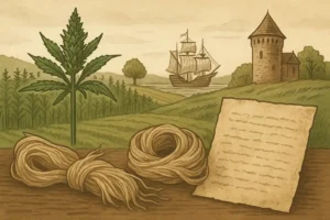 Illustration de l'histoire du chanvre en France, du Néolithique à aujourd'hui, avec champ de chanvre et éléments historiques.