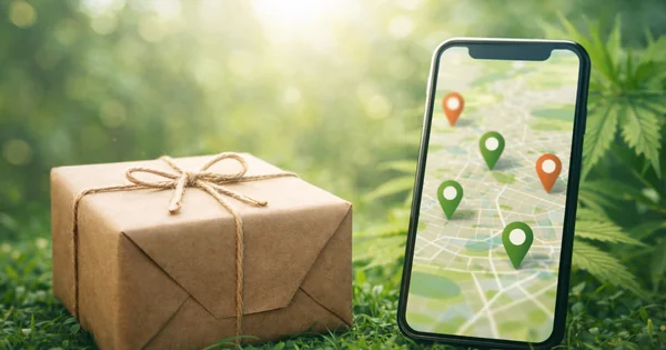 Zones de livraison CBD : colis discret et carte avec repères de localisation (livraison locale)