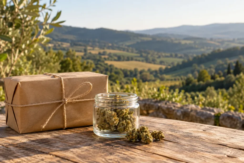 Colis discret en papier kraft et bocal de fleurs CBD sur une table en bois, collines ensoleillées en arrière-plan